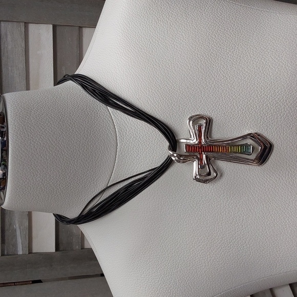 Colorful Cross Pendant Necklace on Multi-Strand Black Cord - Picture 1 of 10